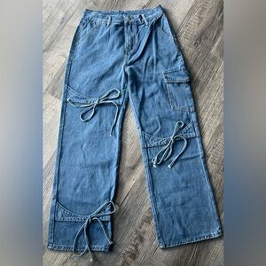 CIDER DENIM LOW RISE SOLID BOWKNOT POCKET WIDE LEG JEANS